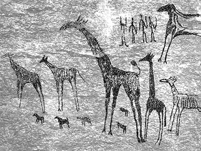 Prehistoric rock art from Tanzania showing giraffes and people.
